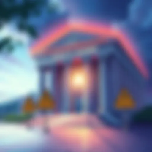 An illustration of a bank with warning signs about privacy coins, featuring Monero symbol.