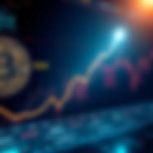 A graph showing the increasing trend of XLM cryptocurrency as it approaches $1, with market indicators and Bitcoin influences in the background.