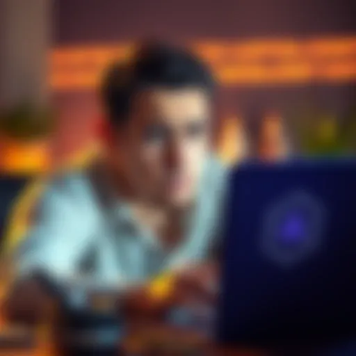 A person looking worried while trying to recover crypto funds on a laptop using a Trezor recovery seed in Exodus wallet.