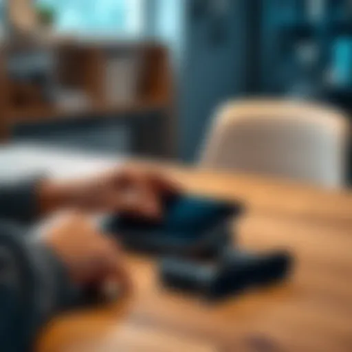 A person thoughtfully examining an Airquino device on a wooden table, considering whether to sell or restart it.