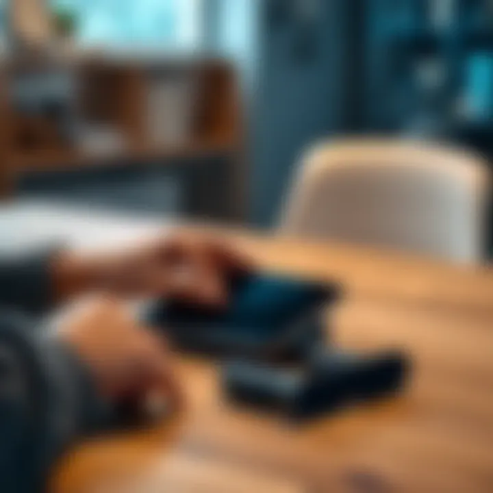 A person thoughtfully examining an Airquino device on a wooden table, considering whether to sell or restart it.
