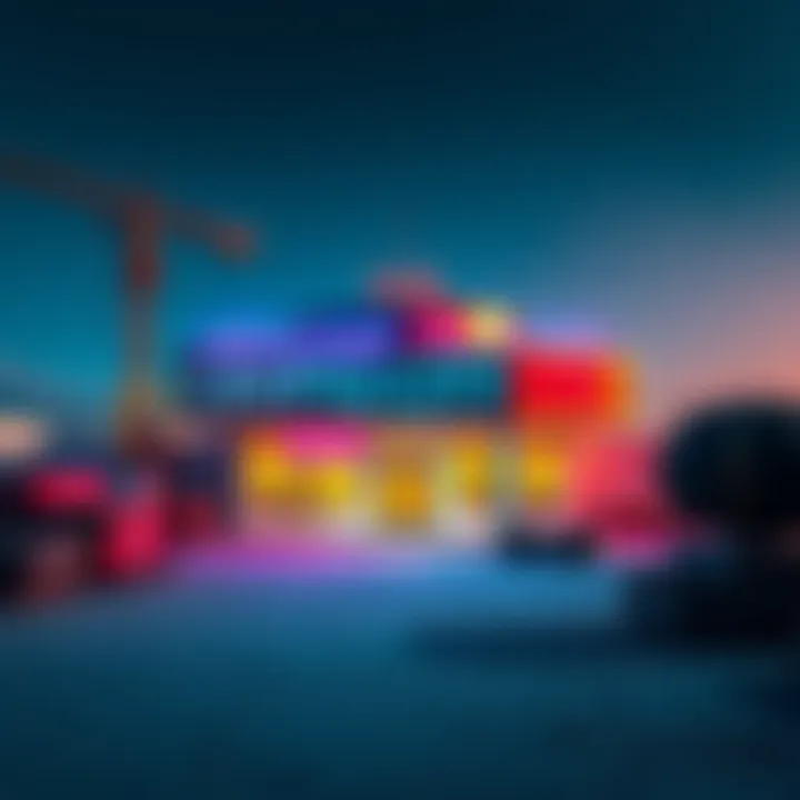 Akon's Crypto City project showing the partially completed welcome center surrounded by construction materials and empty lots.