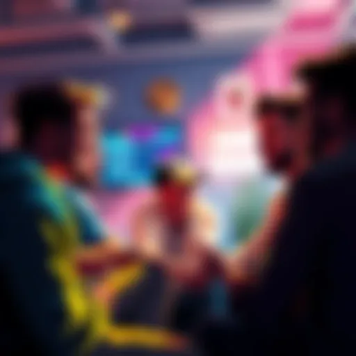 A group of people chatting about cryptocurrency and the Amp Token, sharing ideas and support in a casual setting