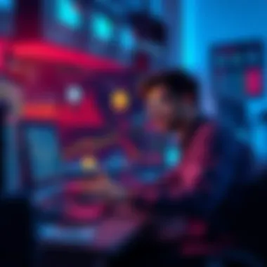 API Coin Tracking Illustration A developer working on a website displaying various coins with trade data and statistics.