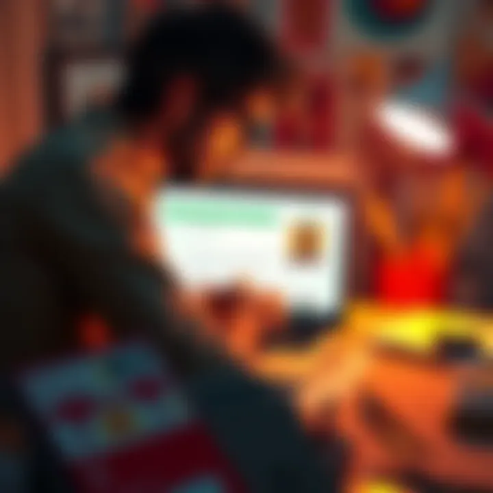 An artist looking at an email on their laptop with artwork displayed on the screen, contemplating its legitimacy, surrounded by sketches and paints.