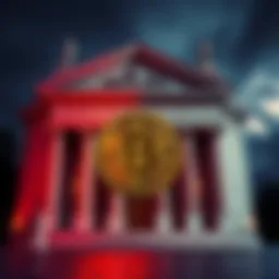 A bank building with a Bitcoin symbol in front of it, representing the idea of banks accepting cryptocurrency accounts.
