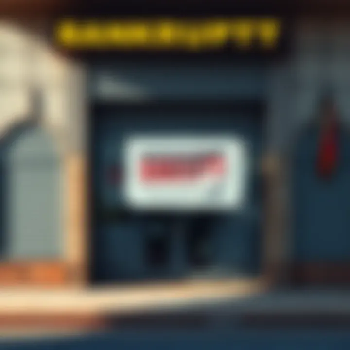 A distressed bank branch with closed shutters and a bankruptcy sign, symbolizing the financial crisis affecting customers.