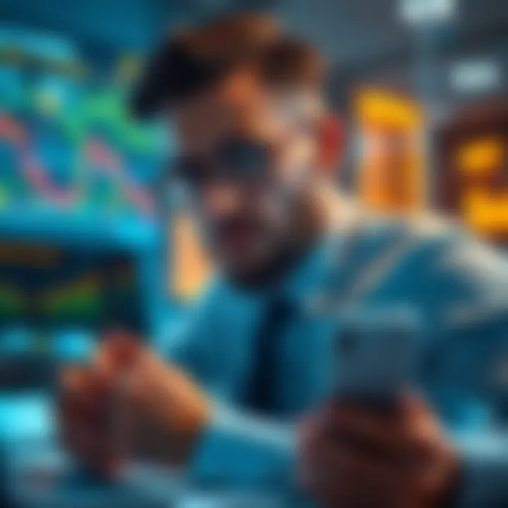A worried bank manager reviewing financial reports with stablecoin graphics on a screen
