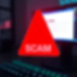 A warning sign about BankSocial scams with a red exclamation mark and a computer screen showing a phishing message.