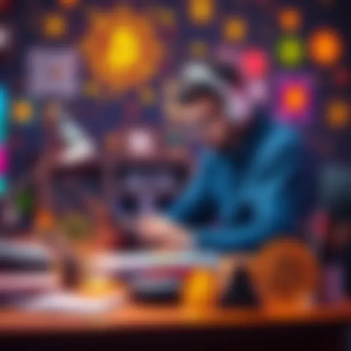 An artist sits at a desk, creating digital art on a tablet, surrounded by cryptocurrency symbols and colorful NFTs.