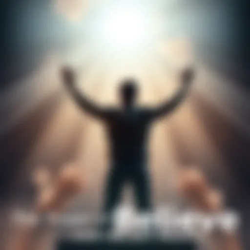 A person standing tall with arms raised, symbolizing confidence and belief in themselves, surrounded by light and hope.
