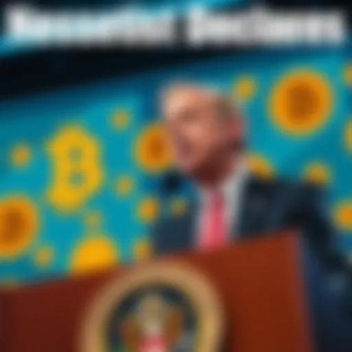Treasury Secretary Bessent speaking at a podium, addressing cryptocurrency stance, with Bitcoin symbols in the background