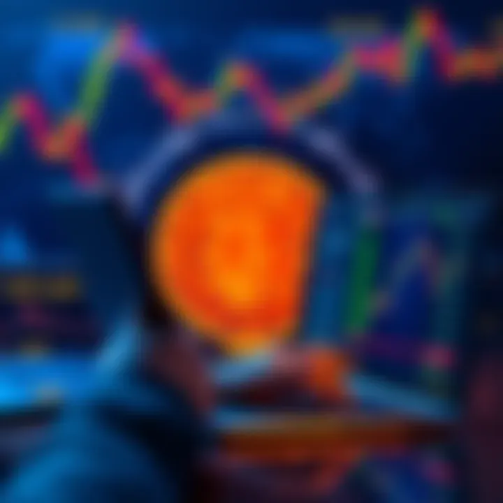 A person analyzing cryptocurrency prices on a laptop with a Bitcoin logo in the background