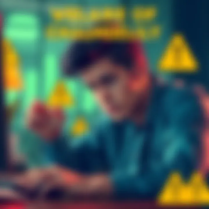 A person looking worried while checking their funds on a computer, with warning symbols nearby.