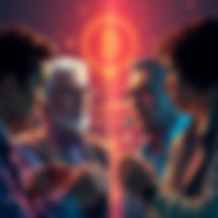 A split image showing wealthy individuals discussing crypto investments on one side and regular people looking worried about market risks on the other side.
