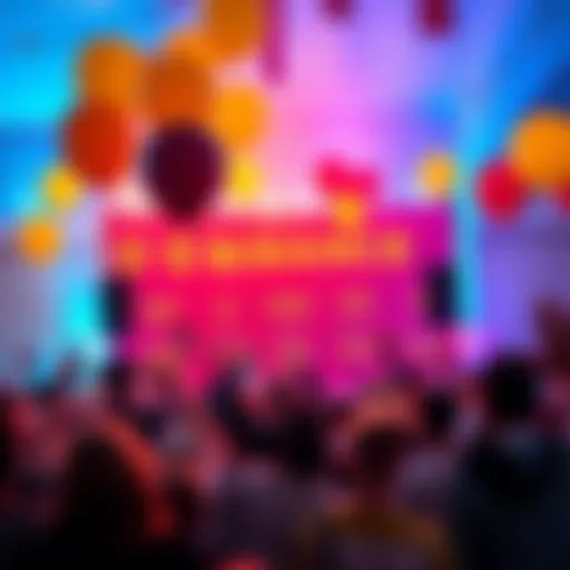 A vibrant celebration scene for Binance's 8th anniversary with balloons and banners, showcasing impressive trading volume and user milestones, surrounded by excited people.