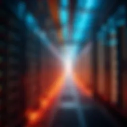 A large Bitcoin mining facility with numerous machines running and glowing lights, symbolizing cryptocurrency investment.