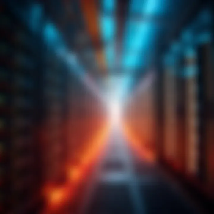 A large Bitcoin mining facility with numerous machines running and glowing lights, symbolizing cryptocurrency investment.