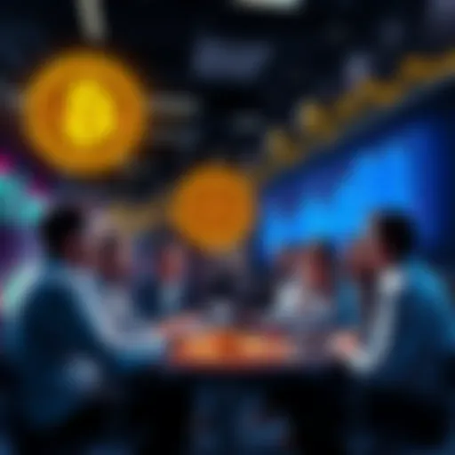 A group of business people discussing Bitcoin investment strategies with charts and graphs in the background