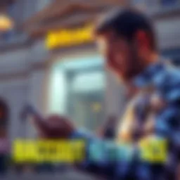 A person using a smartphone to manage Bitcoin transactions and convert to GBP with bank in the background