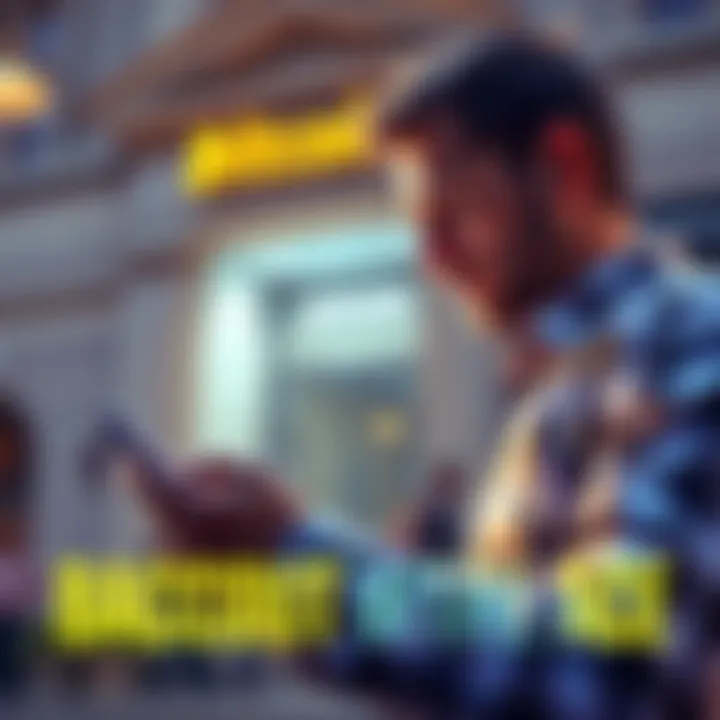 A person using a smartphone to manage Bitcoin transactions and convert to GBP with bank in the background