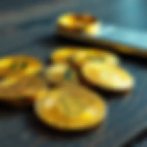 A close-up of several Bitcoin coins lying on a wooden table, symbolizing investment and wealth building.