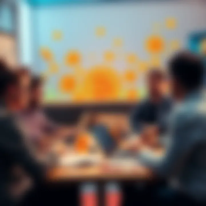 A group of people discussing Bitcoin in a casual setting, with laptops and notes. Cryptocurrency symbols and charts can be seen in the background.