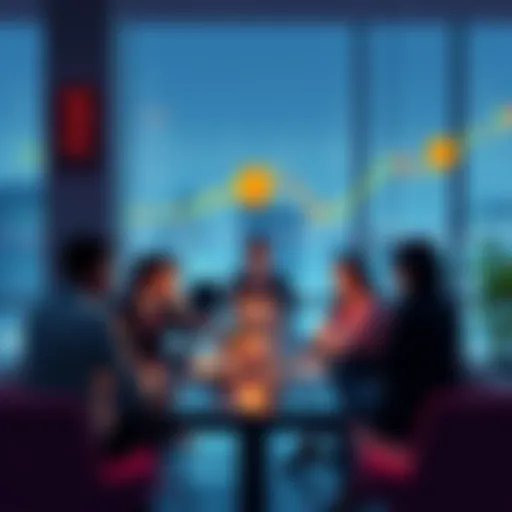 A group of people discussing Bitcoin with laptops and charts in a casual setting