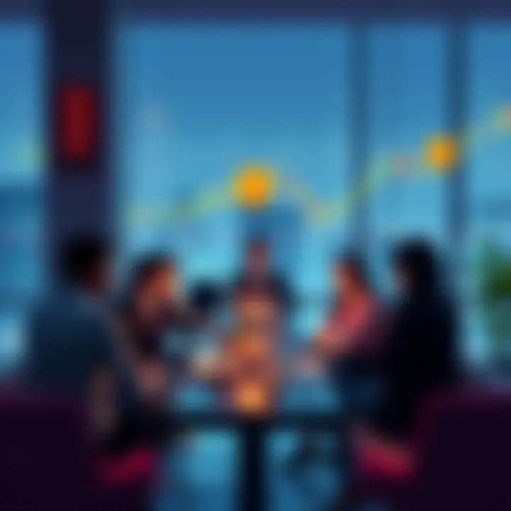 A group of people discussing Bitcoin with laptops and charts in a casual setting