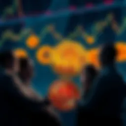 A group of people discussing Bitcoin's value, with charts and digital currency symbols in the background.