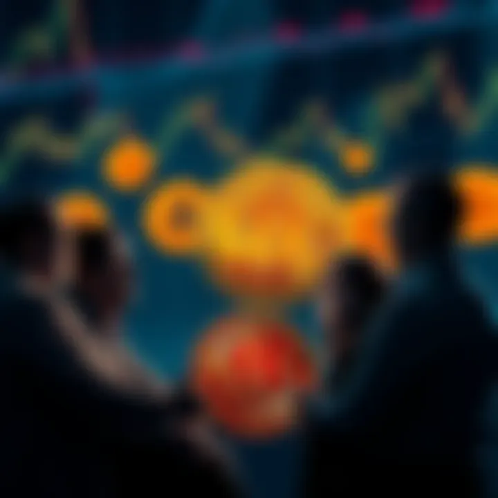 A group of people discussing Bitcoin's value, with charts and digital currency symbols in the background.