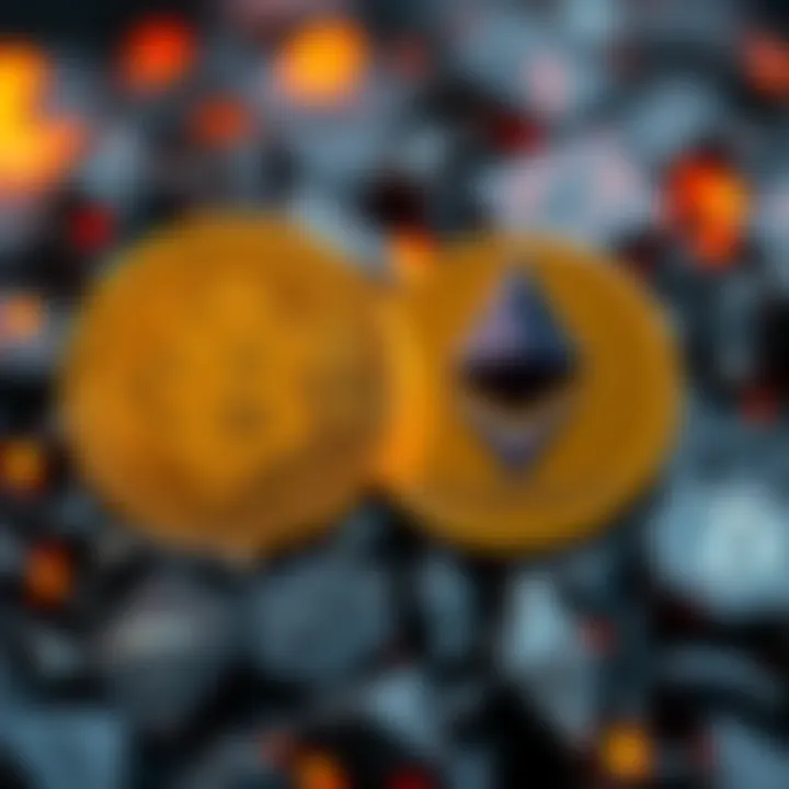 Bitcoin and Ethereum symbols representing a heated debate on cryptocurrency mining and efficiency.