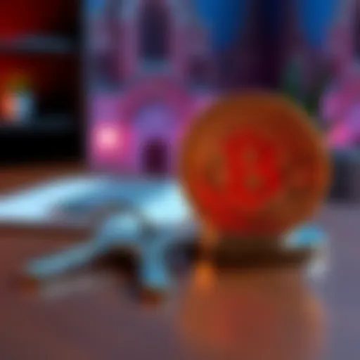 A Bitcoin symbol beside a house key on a table, representing the concept of buying real estate with cryptocurrency.