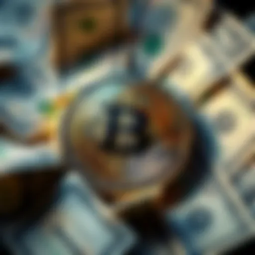 A Bitcoin coin surrounded by dollar bills, symbolizing its role as an income-generating asset