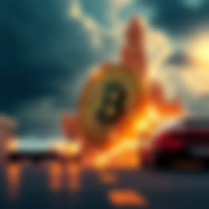A digital representation of Bitcoin rising with luxury sports cars in the background, symbolizing potential gains and lifestyle changes for investors