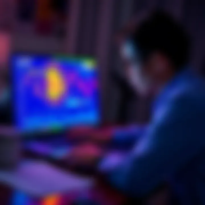 A person looks at a laptop with Bitcoin graphics, considering a loan, with a calculator and documents nearby