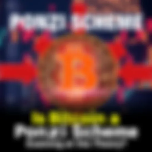A graphic showing Bitcoin symbol with arrows pointing to a question mark, representing the debate on whether Bitcoin is a Ponzi scheme.