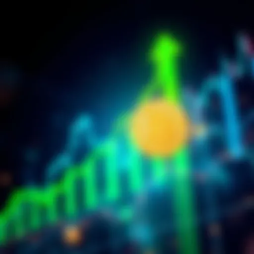 A rising Bitcoin price chart with green upward arrows indicating growth.