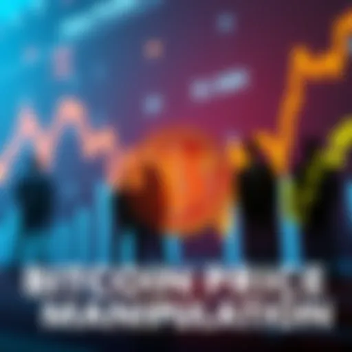 A visual representation of Bitcoin's price being influenced, with a digital chart showing an upward trend and shadows of figures behind it.