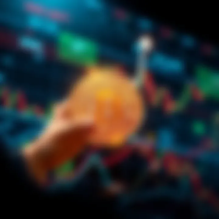 A graphic showing Bitcoin's price rising sharply, with a background of financial charts and symbols representing investment and growth.