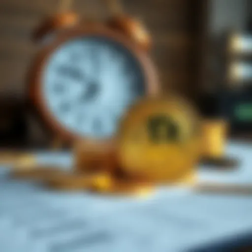 A stack of shiny Bitcoin coins on a table with a retirement plan document and a clock in the background, symbolizing financial independence.