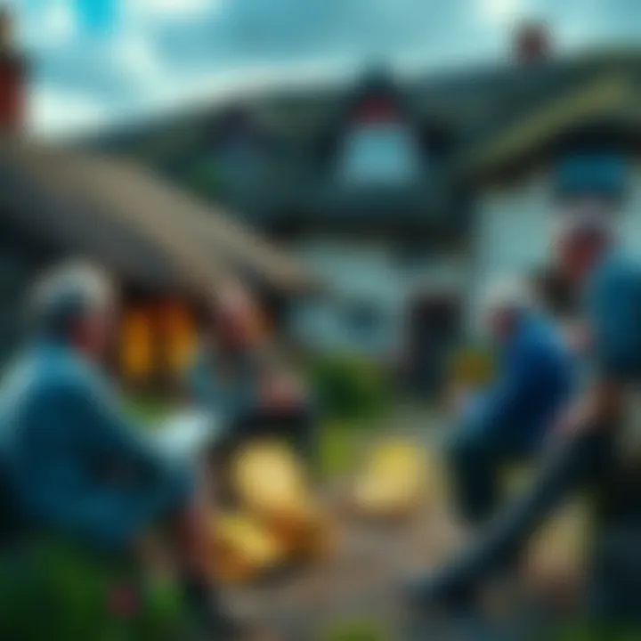 A rural Irish village with people discussing bitcoin, showing confusion and skepticism about digital currencies.