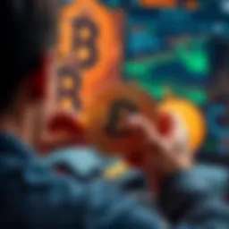 A visual representation of two people generating Bitcoin addresses, with digital keys and a computer interface in the background.