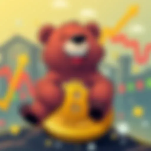 A cartoon bear sitting on a Bitcoin coin, laughing as the price drops, symbolizing humor during market downturns.