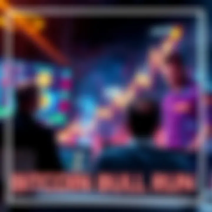 A graph showing an upward trend in Bitcoin value with a backdrop of worried investors looking at screens, illustrating market sentiment.