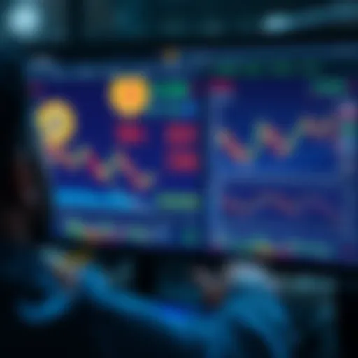 A person looking at a computer screen displaying Bitcoin prices and sale calculations with graphs and charts.