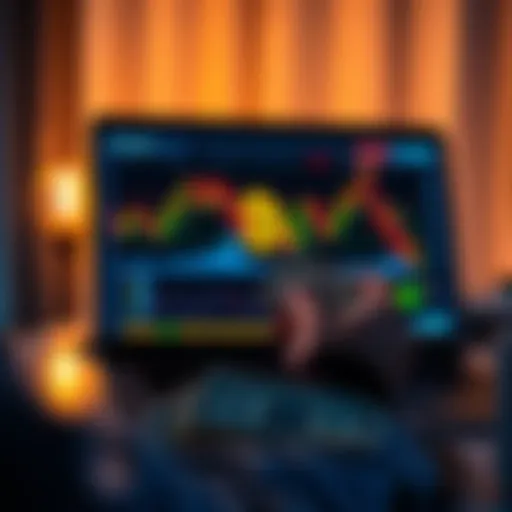 A person examining a Bitcoin chart on a laptop, holding a dollar bill in hand, symbolizing investment strategies.