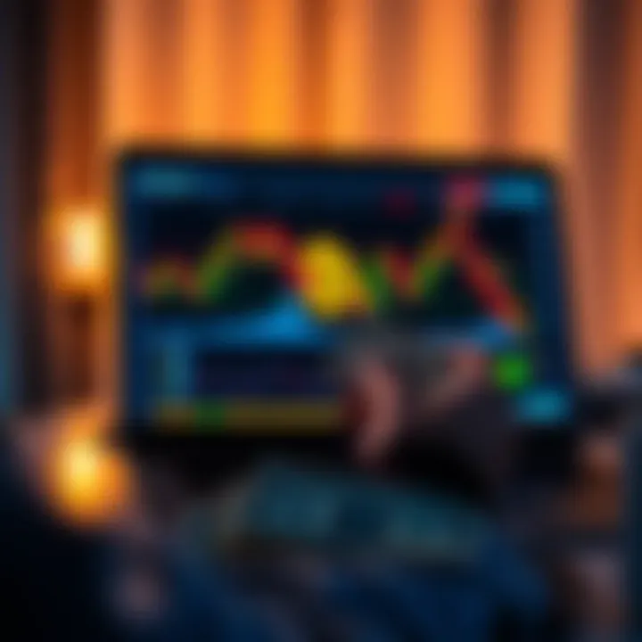 A person examining a Bitcoin chart on a laptop, holding a dollar bill in hand, symbolizing investment strategies.