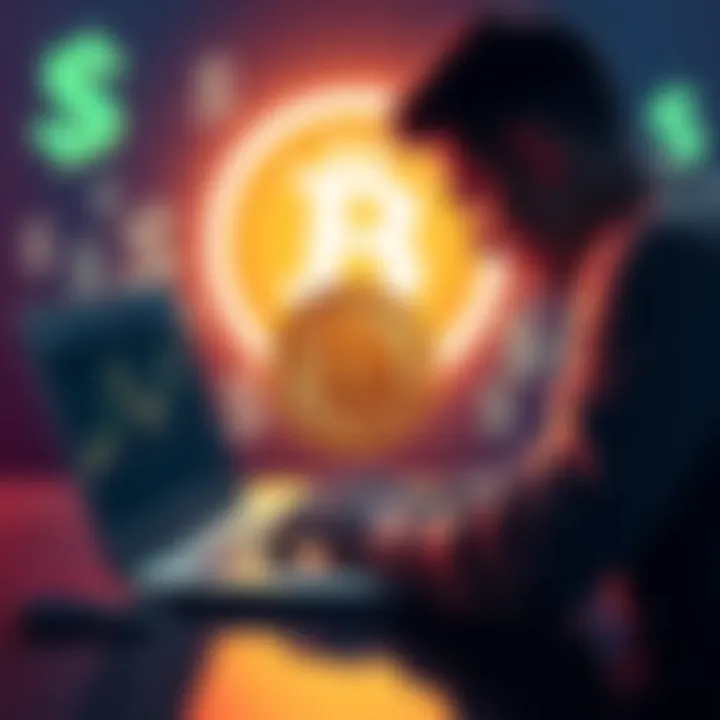 A person looking at a Bitcoin chart on a laptop, considering buying during a price dip, with dollar signs in the background.