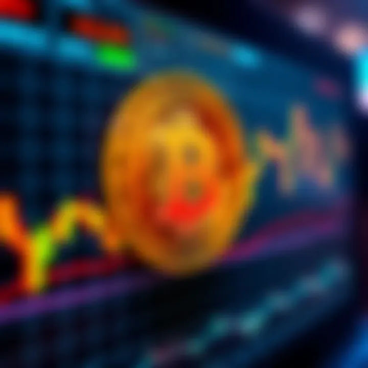 A close-up of a digital screen displaying a fluctuating Bitcoin price chart with various trend lines and indicators.